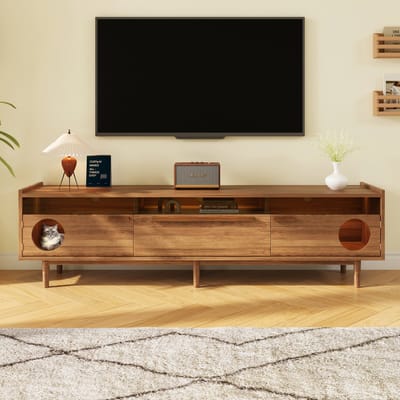 DESMIU Tv Meubel - Met Ledverlichting En Kattenruimte - Met Lade En Glazen Deuren Voor Woonkamer En Slaaphoek - MDF - 180x40x50 Cm - Walnoot