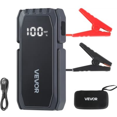 VEVOR Jump Starter Powerbank, startbooster met een piekvermogen van 1500A, inclusief LED-zaklamp en kabel, geschikt voor motoren tot 6 liter benzine/4 liter diesel. Draagbare booster met snelladen en veiligheidsbescherming voor noodgevallen.