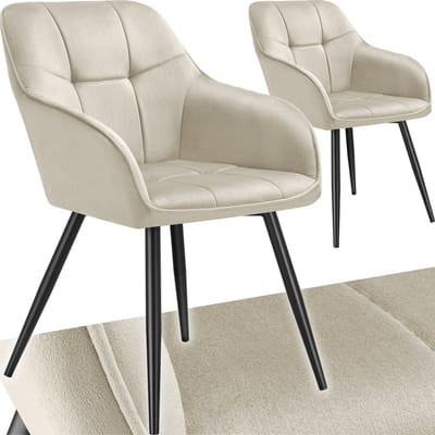 tectake® Eetkamerstoelen Marilyn - Set van 2 - Gestoffeerde Stoel in Fluweellook - Stikpatroon - Zwarte Stoelpoten - Ergonomische Keukenstoel - Doorlopende Rugleuning en Armleuningen - Stoel voor Woonkamer, Eetkamer, Slaapkamer - Creme