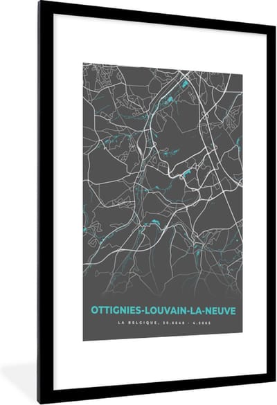 Fotolijst incl. Poster - België – Ottignies Louvain la Neuve – Stadskaart – Kaart – Blauw – Plattegrond - 60x90 cm - Posterlijst