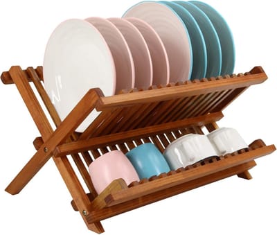Teak Afdruiprek Stand Opvouwbare 2 Tier Afdruiprek met Bekerhouder