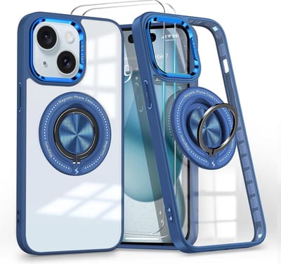 Hoesje Geschikt voor iPhone 15 Arara hoesje voor Magsafe Transparant hard case - kickstand Draaibare Ring Houder met 2 Stuks screenprotectors - Blauw