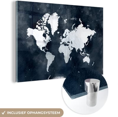 ® Glasschilderij 120x80 cm - Schilderij acrylglas - Wereldkaart - Blauw - Waterverf - Foto op glas - Muurdecoratie woonkamer - Wanddecoratie slaapkamer - Schilderijen