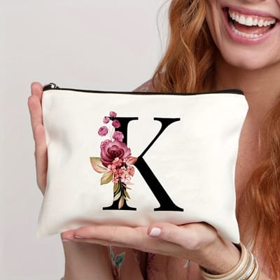 Gepersonaliseerde make-up tasjes van A tot Z - Verjaardagscadeaus - Unieke cadeaus voor bruiden en bruidsmeisjes, met bloemenmotieven, geschikt als bedankjes en voor het organiseren van cosmetica,De letter K