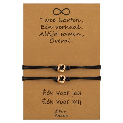 Vriendschapsarmbandjes voor 2 " Twee Harten, Een Verhaal ∞" - Knoopjes - BFF Armbandjes met Persoonlijk Cadeau Kaartje - Goudkleurig - Elastisch Verstelbaar - Pax Amare
