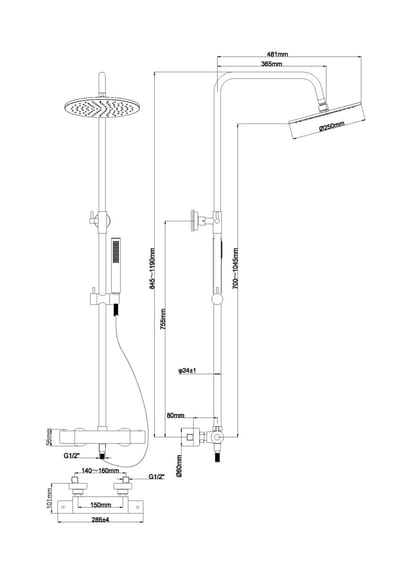 Wiesbaden Caral thermostatische regendoucheset opbouw mat zwart