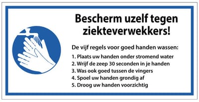 Vijf regels voor goed handen wassen tekstbord - kunststof 125 x 250 mm