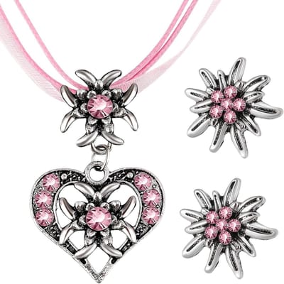 Set van 3 Kostuum Sieraden voor Vrouwen, Dirndl Ketting met Strass, Edelweiss Hart Hanger en Oorbellen voor Feestelijke Outfits, Roze, L