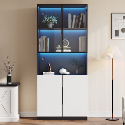 PHOEBE CAT Vitrinekast - Glazen deuren - LED-verlichting - Boekenkast - 80 × 30 × 200 cm - Wit + Zwart