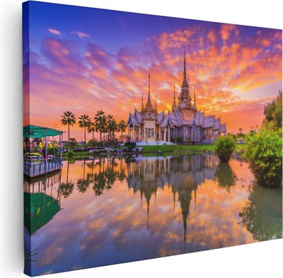 Artaza Canvas Schilderij Tempel Thailand - 40x30 cm - Klein - Wanddecoratie Zon - Muurdecoratie Reflectie - Kamer Accessoires
