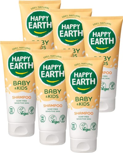 Happy Earth Bundel Shampoo Baby & Kids - 100% Natuurlijke Ingrediënten - Microplasticvrij - 0% SLS/SLES - Babyverzorging – Met plantaardige huidverzachter – Geschikt voor pasgeborenen – 6 x 200mL - Voordeelverpakking