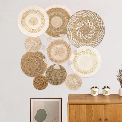 10 Stuks Boho Wandmanden van Riet voor Wanddecoratie | Handgemaakte Woven Mandjes voor Woonkamer en Slaapkamer | Natuurlijke Waterhyacint en Macramé Design