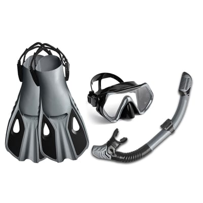 Masque de plongée à trois fenêtres très transparent avec tuba sec complet et palmes réglables pour S M gris