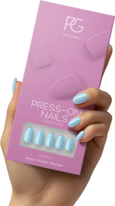 Pink Gellac Press On Nails - 266 Baby Blue - Round Small Plaknagels - 30 Press On Nagels Met Lijm, 30 Plakstickers, Cleaner Wipe, Nagelvijl, Woodstick en Size Matcher - Snel Aan Te Brengen Plak Nagels Kort - Voor 7-14 Dagen Mooie Nagels