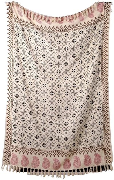 Urbane Hide | Traditionele Blockprint Bloemen Plaid | SierPlaids | 130x180 cm | met Franjes | 100% Katoen | Beige en Bruin