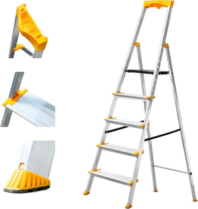 Opvouwbare Trapladder - 5-Treden Ladder - Klusjes Binnen en Buiten - Extra Brede Treden - 150 kg Draaglast - Grijs