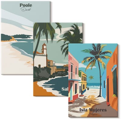 Wallfluent Set van canvas schilderijen - Tropische landschappen met stranden en palmbomen Canvas Schilderijen Set - set 3 stuks 20x30 cm - Veelkleurig Set van Canvas Prints - Landschappen Canvas Kunst Set - Boheemse Canvas Kunst Set