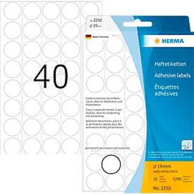 HERMA zelfklevende stippen 2250, Ø 19 mm, zelfklevend, permanent klevend, met de hand beschrijfbaar, 1280 stuks op 32 vellen, FSC®-papier, wit