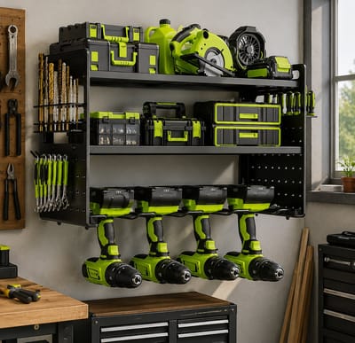 Gereedschapsrek Wandmontage met Haken – 3 Lagen Boormachine Houder & Schroevendraaier Organizer – Heavy Duty Power Tool Opbergrek – Zwart