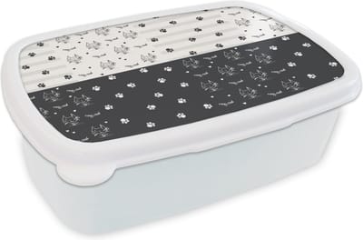 Broodtrommel Wit - Lunchbox - Brooddoos - Katten - Pootjes - Patronen - Huisdier - 18x12x6 cm - Volwassenen
