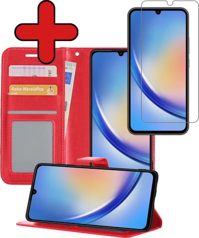 Hoesje - Met Screenprotector - Geschikt voor Samsung Galaxy A34 - Luxe Pasjeshouder - Flipcase - Bookcase Portemonee - Flip Case - Kunstleer Book Case - Book Cover - Walletcase - Portemonneehoes - Telefoonhoes - Rood
