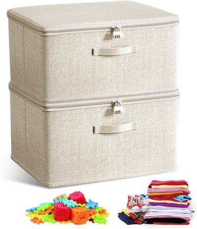SnelShoppen - Opvouwbare Afsluitbare Dozen 2 Stuks, Beige Stoffen Opbergdozen met Deksel en Slot, Ideaal voor Speelgoed, Kleding, Snacks, 30 x 20 x 14