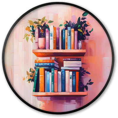 Poster in lijst Rond - Fotolijst 60x60 cm - Posters - Planken - Boeken - Bladeren - Ronde posterlijst zwart - Decoratie - Wanddecoratie woonkamer - Muurdecoratie slaapkamer