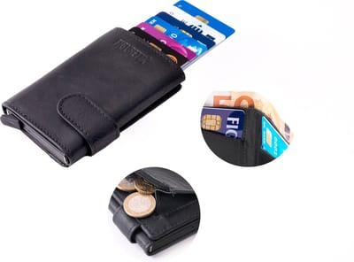 Figuretta©  Leren Cardprotector - Pasjeshouder - Creditcardhouder met papier en muntgeldvak - Triple Fold- Zwart