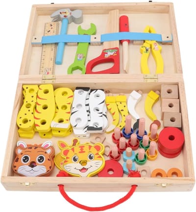 Houten Gereedschapsset - Kinderspeelgoed Kist - Fantasiespel Leren - Duurzaam Massief Hout - 31 x 22 x 7 cm