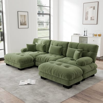 DESMIU U-Bank 313 x 145 cm - Modulaire Hoekbank Met Verplaatsbare Ottomans En Diepe Zitting - Voor Woonkamer - Chenille Groen