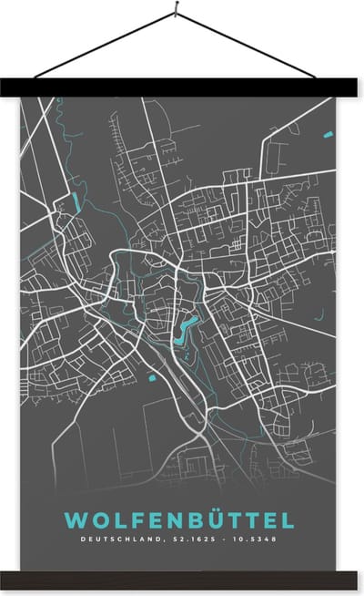 Posterhanger incl. Poster 60x90 cm - Schoolplaat - Stadskaart – Plattegrond – Duitsland – Blauw – Wolfenbüttel – Kaart - Textielposter - Zwarte latten - Stadskaart