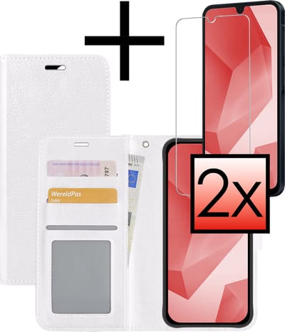 Hoesje - Met 2x Screenprotector - Geschikt voor Samsung Galaxy A16 - Luxe Pasjeshouder - Bookcase Portemonee - Flip Case - Kunstleer Book Case - Flipcase Hoes - Book Cover - Walletcase - Portemonneehoes - Wit