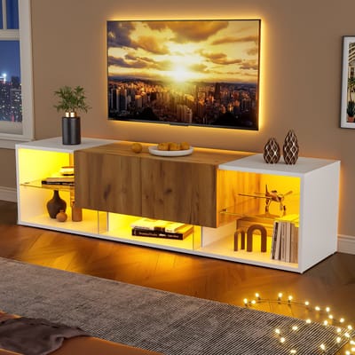 TV-Meubel - Voor TV tot 70 Inch - Met Glasplanken en 2 Lades - MDF - Wit
