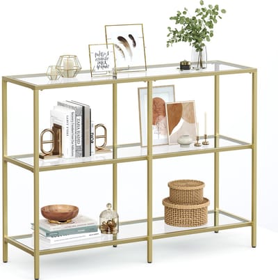 ACAZA Sidetable - 3 niveaus - Wandtafel - Goud - 100 x 30 x 73 cm (L x B x H) - Gehard Glas - Haltafel - Consoletafel - Bijzettafel Goud - Console Tafel - Side Table - Sidetable industrieel - Wandtafel goud