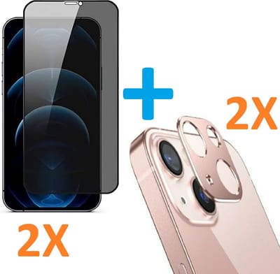 2X Privacy Scherm Tempered Glass Screen Protector Anti-Spy  + 2X Camera lens Beschermer Rosegoud Geschikt voor: Apple iPhone 12 Pro