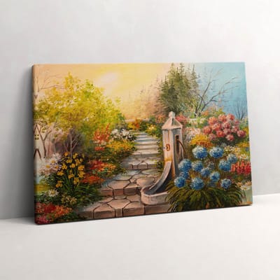 Wallfluent Foto Op Canvas Oliecompositie - stenen trap in het bos - 60 x 40 cm - Bruin Canvas Schilderij - Bloemen en Planten Foto Op Doek - Natuur Print Van Doek - Bloemen en Planten Schilderij Op Canvas