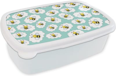 Broodtrommel Wit - Lunchbox - Brooddoos - Bij - Insecten - Patroon - Groen - 18x12x6 cm - Volwassenen