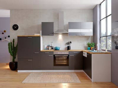 Hoekkeuken 310 cm - complete keuken met apparatuur Malia - Wit/Grijs - soft close - keramische kookplaat - vaatwasser - afzuigkap - oven - spoelbak