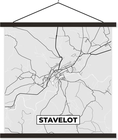 Posterhanger incl. Poster 60x60 cm - Schoolplaat - Stadskaart – Zwart Wit - Kaart – Stavelot – België – Plattegrond - Textielposter - Zwarte latten - Stadskaart