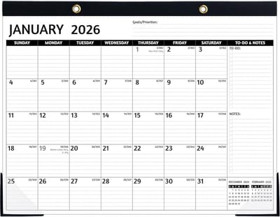 Bureaukalender 2025-2026, 18 maanden, groot formaat, lay-flat, met notitieblok en hoekbeschermer, 55x43 cm