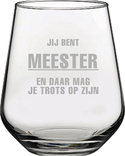 Gegraveerde Drinkglas 42,5cl Jij bent Meester en daar mag je trots op zijn