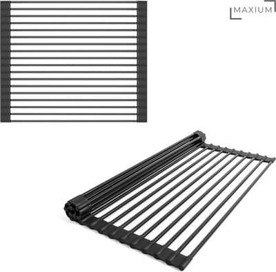 Maxium - Oprolbaar Afdruiprek Zwart - Afdruipmat voor over de Gootsteen - Pannenonderzetter - Oprolbaar Silicone Vaat Droogrek - Hittebestendig Afwasrek - 33/43cm