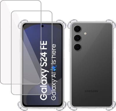 Hoesje + 2x Screenprotector geschikt voor Samsung Galaxy S24 FE – Tempered Glass - Extreme Shock Case Transparant