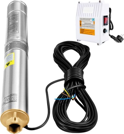 Diepe Bronpomp - met Externe Schakelkast en 20 m Stroomkabel - met Terugslagklep en Filter - Stroom 190L/min - 1100W - Maximale Opvoerhoogte van 57 m - Beschermingsgraad IP68 - Voor Regentonnen - Reservoirs - Kanalen - Rivieren - Zilver