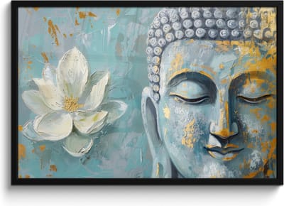 Poster in lijst - Fotolijst 90x60 cm - Posters - Boeddha - Bloem - Lotus - Goud - Blauw - Posterlijst zwart - Decoratie - Wanddecoratie woonkamer - Muurdecoratie slaapkamer