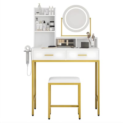 Kaptafel - Voor Slaapkamer - Met 360° Roterende Spiegel, Kruk en Verstelbare Verlichting - Met USB-poorten - Wit Gold