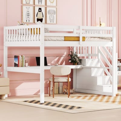 Hoogslaper - 140x 200 cm - kinderhoogslaper - met opberglades en bureau onder het bed - wit - zonder matras