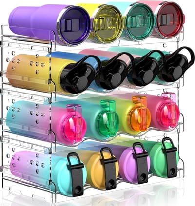 Famanu – Stapelbare flessenhouders set van 4 – Kunststof waterfles organizer voor koelkast en keukenkast – Voor wijn- en drinkflessen