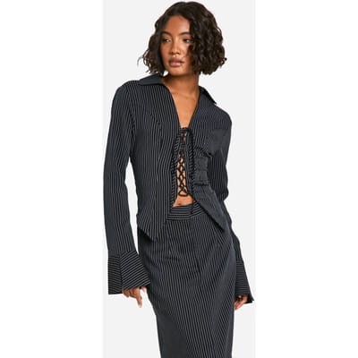 boohoo Dames Tall Pinstripe Lace Up Tailored Shirt | Black | Maat: 12