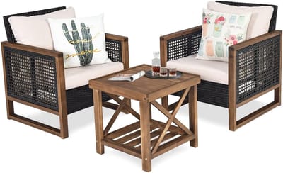 COSTWAY 3-delige tuinmeubelen acaciahout set incl. 2 rotanstoelen en bijzettafel, zitgroep met rugkussens en zitkussens, zitgarnituur voor veranda, balkon